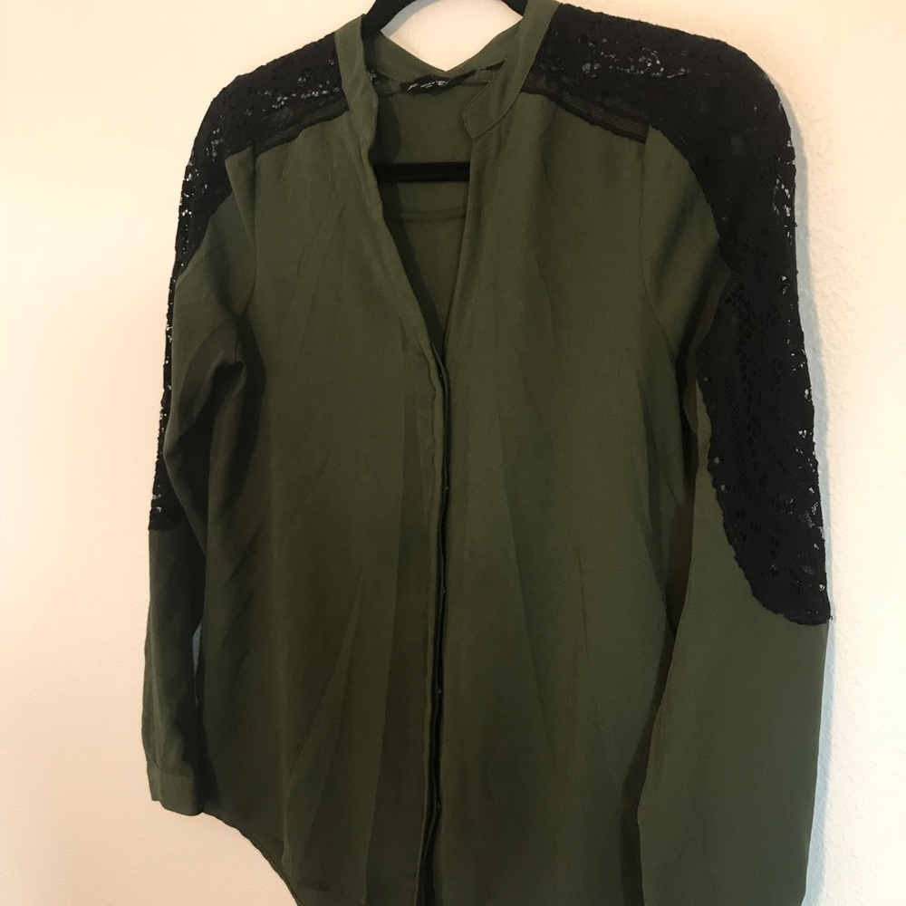 Express Olive Button Down With Lace - image 1
